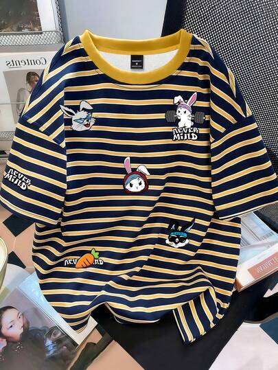 Manfinity Joysei Blue & Yellow Striped Cartoon Print Men Short Sleeve T-Shirt, Contrast Color Striped Rabbit Pattern Casual Top Rabbit Tee