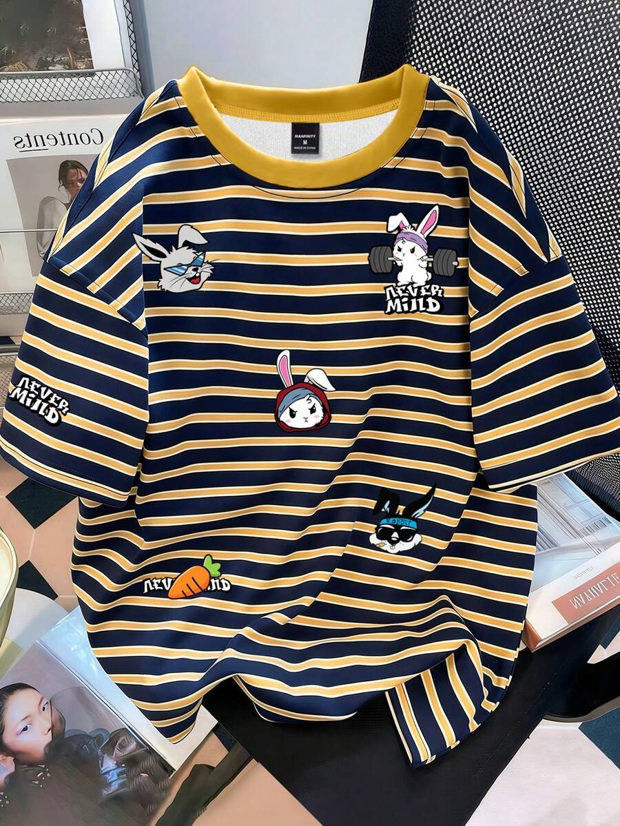Manfinity Joysei Camiseta de manga corta para hombre con estampado de rayas de color azul y amarillo, diseño de rayas de contraste con patrón de conejo, casual - Multicolor - Ver 1