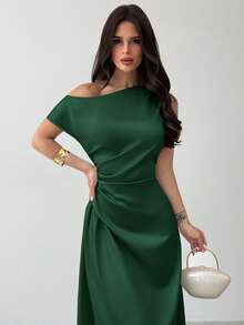 Firerie 女士绿色优雅不对称肩部褶皱鱼尾连衣裙，适合约会、度假、婚礼、活动、返校、毕业典礼、正式伴娘礼服 - 墨綠色 - 查看 5