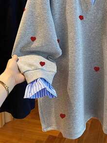 Resyla Women's Casual Heart Print Patchwork Striped Pullover Sweatshirt, Fashion Daily Commute, Spring/Autumn - Light Grey - View 3