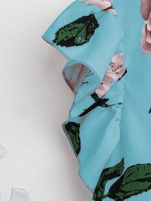 EMERY ROSE 2pcs Women Casual Floral Print Cap Sleeve Blouse And Straight Leg Pants Set, Spring/Summer Blouse And Pants Set 2 Piece Sets Woman Summer Summer Pant Set Pants And Top Set - Blue - View 6