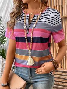 EMERY ROSE Women's Short Sleeve Round Neck Striped Printed T-Shirt Graphic Tees Women Tops - Multicolor - View 4