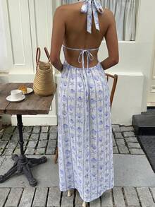 Sunnyshic Women's Blue Bamboo Knot Seashell & Starfish Print Deep V Neck Backless A-Line Maxi Dress, Elegant Minimalist Bohemian Style For Spring/Summer Vacation, Beach, Date, Everyday Wear - Blue - View 2