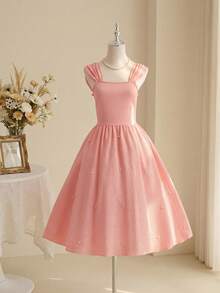 Elegant Elegant Graceful Pink Bubble Wrinkle Camisole Waist Snug Fit Cute Faux Pearl Decor Luxurious Dress For Teen Girls Dress Cute Dress Vintage Princess Dress For Women Apricot Dresses Teen Dress Summer Teen - Pink - View 1