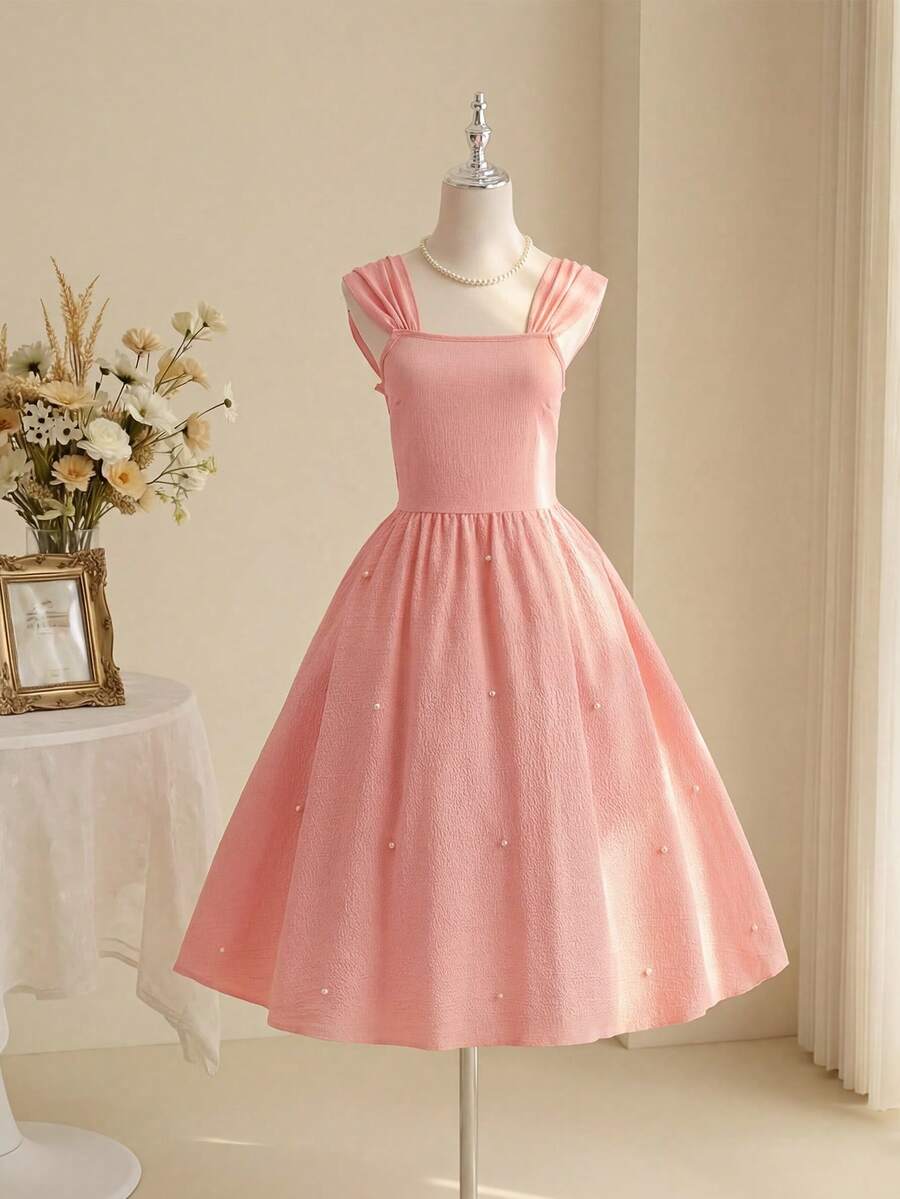 Elegant Elegant Graceful Pink Bubble Wrinkle Camisole Waist Snug Fit Cute Faux Pearl Decor Luxurious Dress For Teen Girls Dress Cute Dress Vintage Princess Dress For Women Apricot Dresses Teen Dress Summer Teen - Pink - View 1