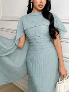 Modelyn New Design Sense Shawl Collar Pleated Waist Elegant Vacation Party Dress ,Summer Dress,Spring Dresses For Women - Baby Blue - View 4