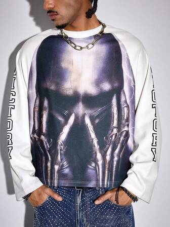 Street Life Herren Kontrast-Farbiges Raglan-Ärmel T-Shirt mit dunklem Charakterdruck