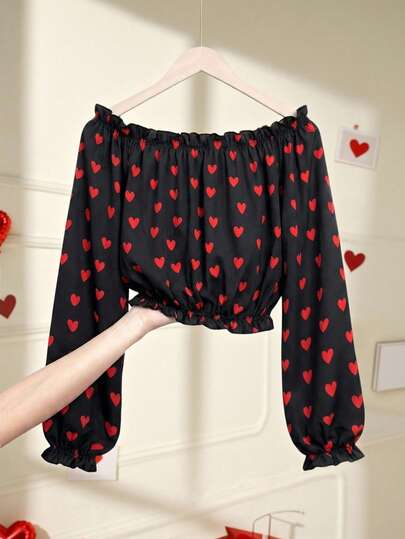 GlowEve Women's Fashionable & Charming Heart Print Off-Shoulder Lantern Sleeve Cropped Chiffon Blouse Off Shoulder Blouse Lantern Sleeve Blouse Puff Sleeve Tops Cute Blouses