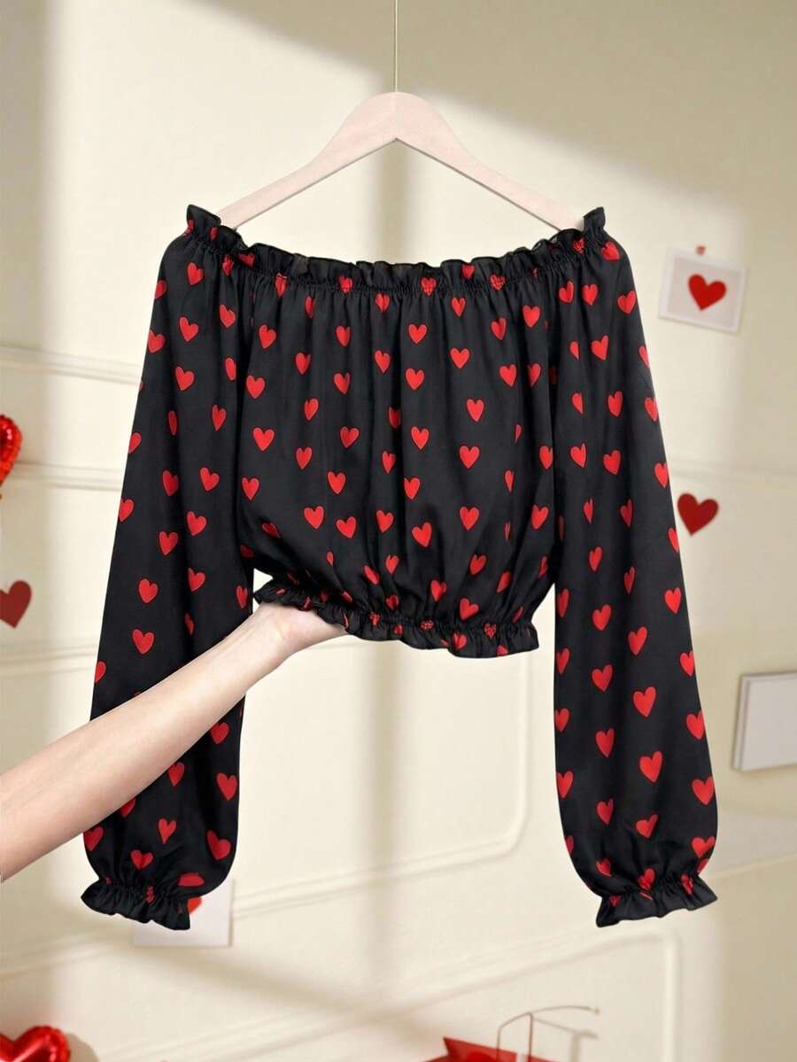 GlowEve Áo kiểu nữ thời trang và quyến rũ in hình trái tim, tay phồng, trễ vai, chất liệu chiffon. - Đỏ và đen - Xem 1