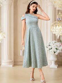 Modelyn 新款不对称肩部收腰A字优雅轻盈连衣裙 - 綠色 - 查看 5