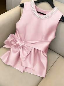 GlowEve New Elegant & Chic Women's Summer Satin Design Round Neck Beaded Ruffle Hem Cinched Waist Bow Sleeveless Blouse, Casual Everyday Versatile - Pink - View 1