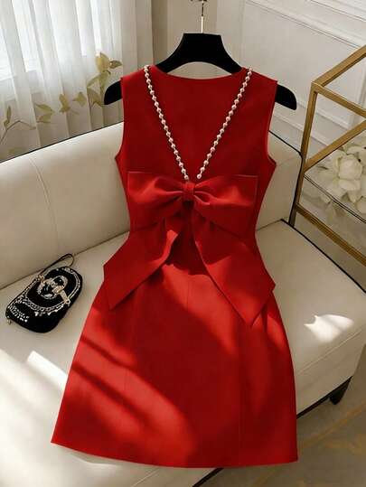 GlowEve 女士红色露背串珠蝴蝶结装饰无袖连衣裙