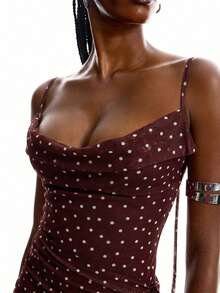 LYSMO Women's Spring/Summer Plunging Neck Spaghetti Strap Brown Polka Dot Visual Leg Revealing Design Dress - Brown - View 2