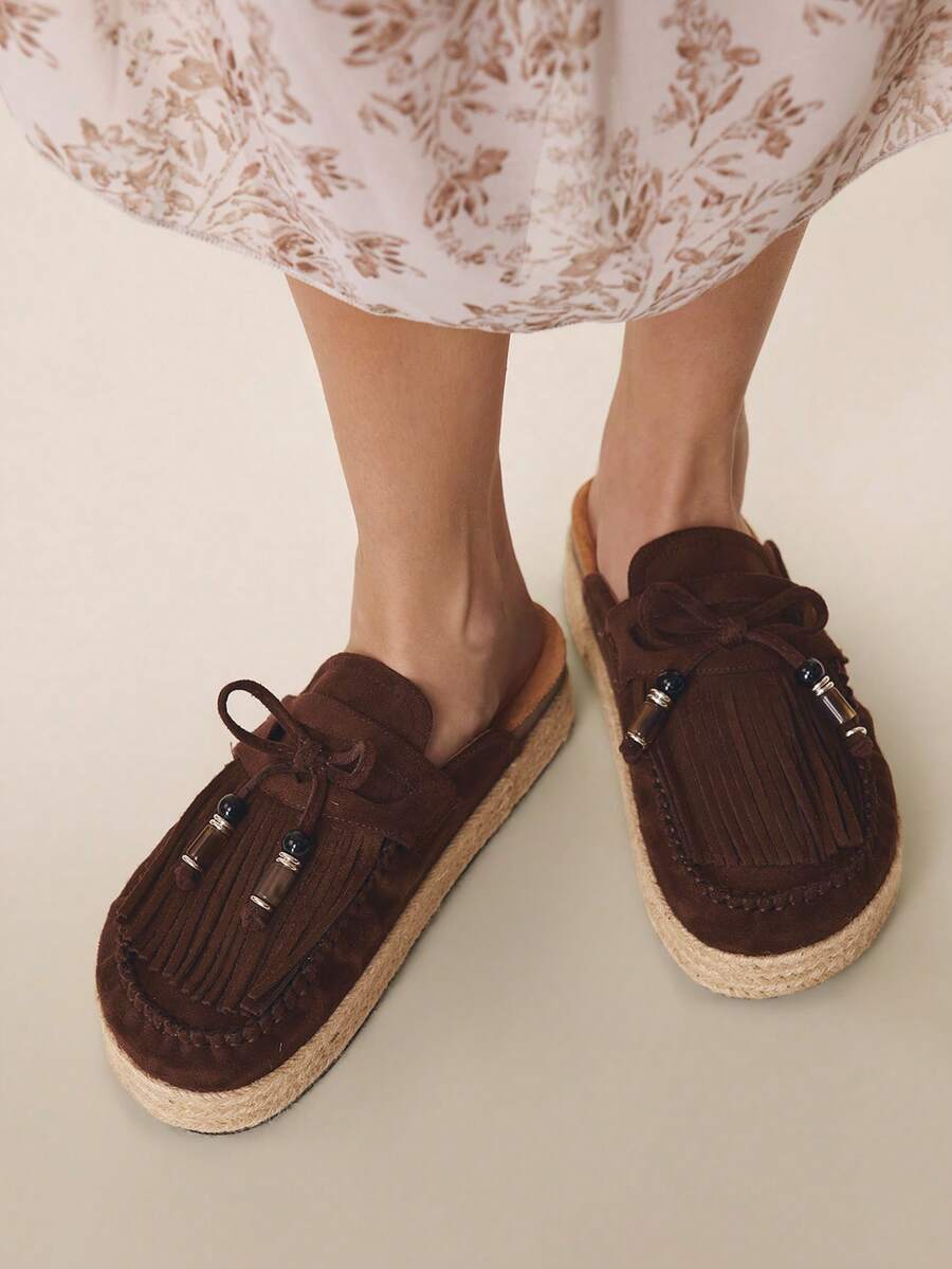 Styleloop Giày lười nữ đế dày kiểu dáng thường ngày, thích hợp cho kỳ nghỉ, có tua rua trang trí. - Cà phê nâu - Xem 1