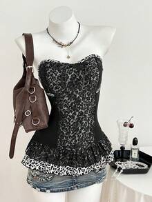 Elamini Áo quây ren họa tiết da báo thanh lịch dành cho nữ - màu đen - Xem 1