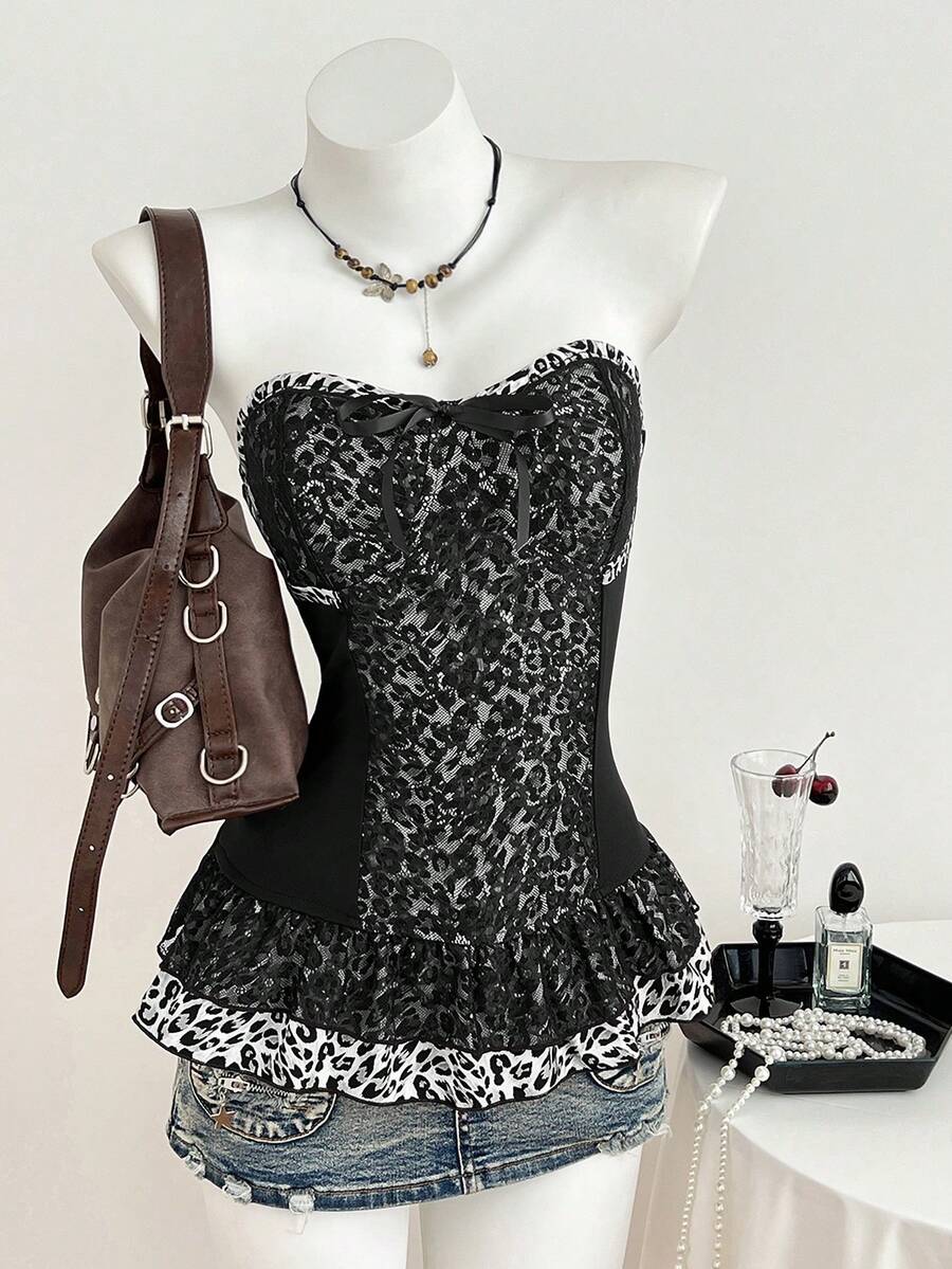 Elamini Áo quây ren họa tiết da báo thanh lịch dành cho nữ - màu đen - Xem 1