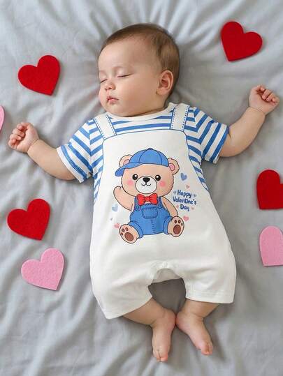 SHEIN Playful Pals 男婴可爱拼接条纹小熊印花二合一连体衣，夏季