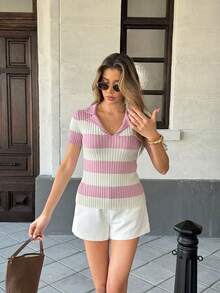 Pariaura Contrast Stripe Polo Collar Knit Top, French Street Style, Short Sleeve Summer Blouse - Pink - View 4