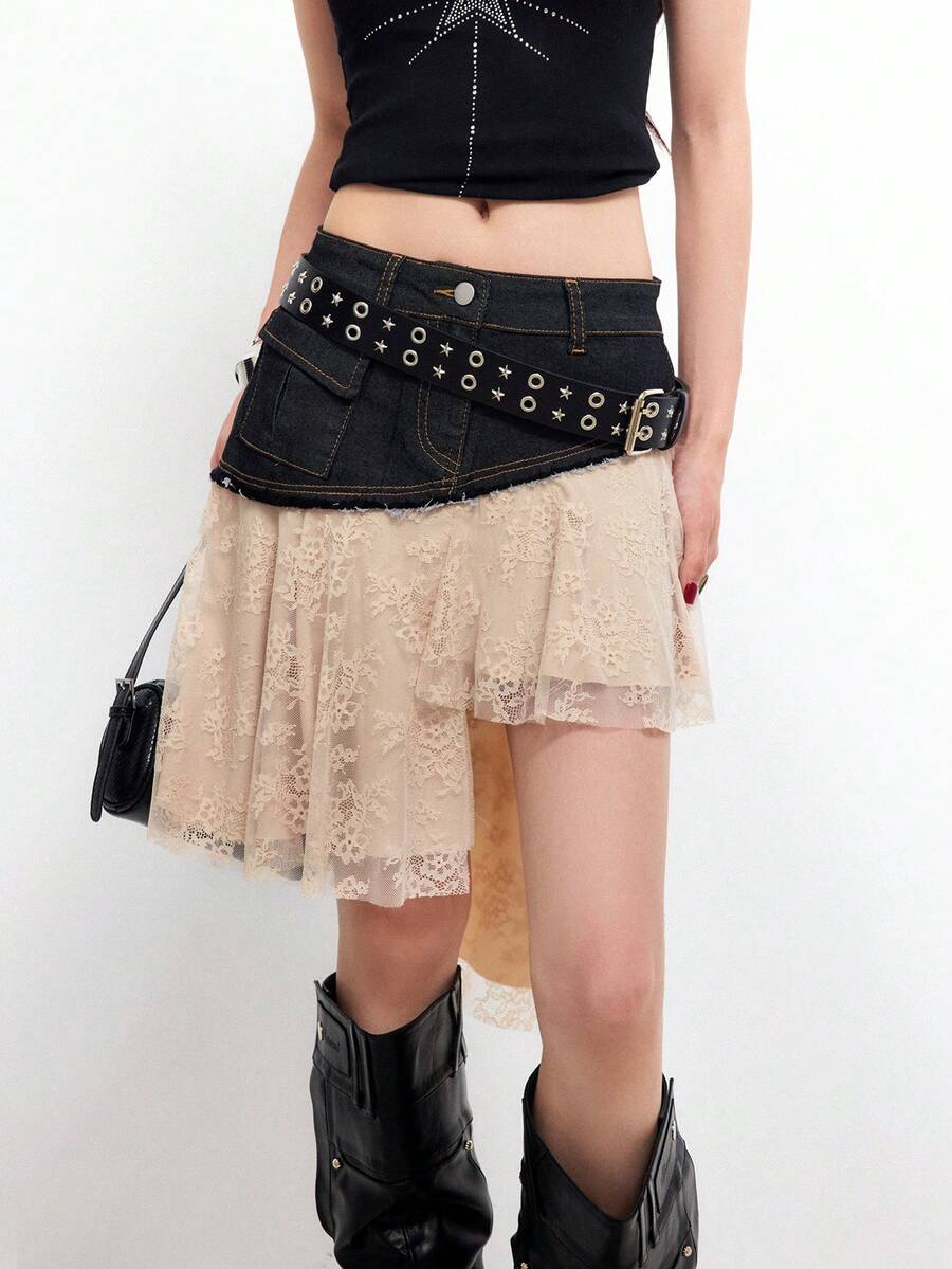 Bloopia Women's Asymmetric Hem Fashionable Lace Patchwork Denim Mini Skirt - Black - View 1
