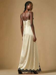 Briarwyn Women's Cold-Shoulder Spaghetti Strap Black Lace Patchwork High Slit Hem Dress - Ivory White - View 5