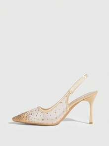 CUCCOO SZL Women's Fashion Pointed Toe Crystal/Rhinestone Satin Party/Evening High Heel Slip-On Pumps Valentine's Day - Gold - View 4