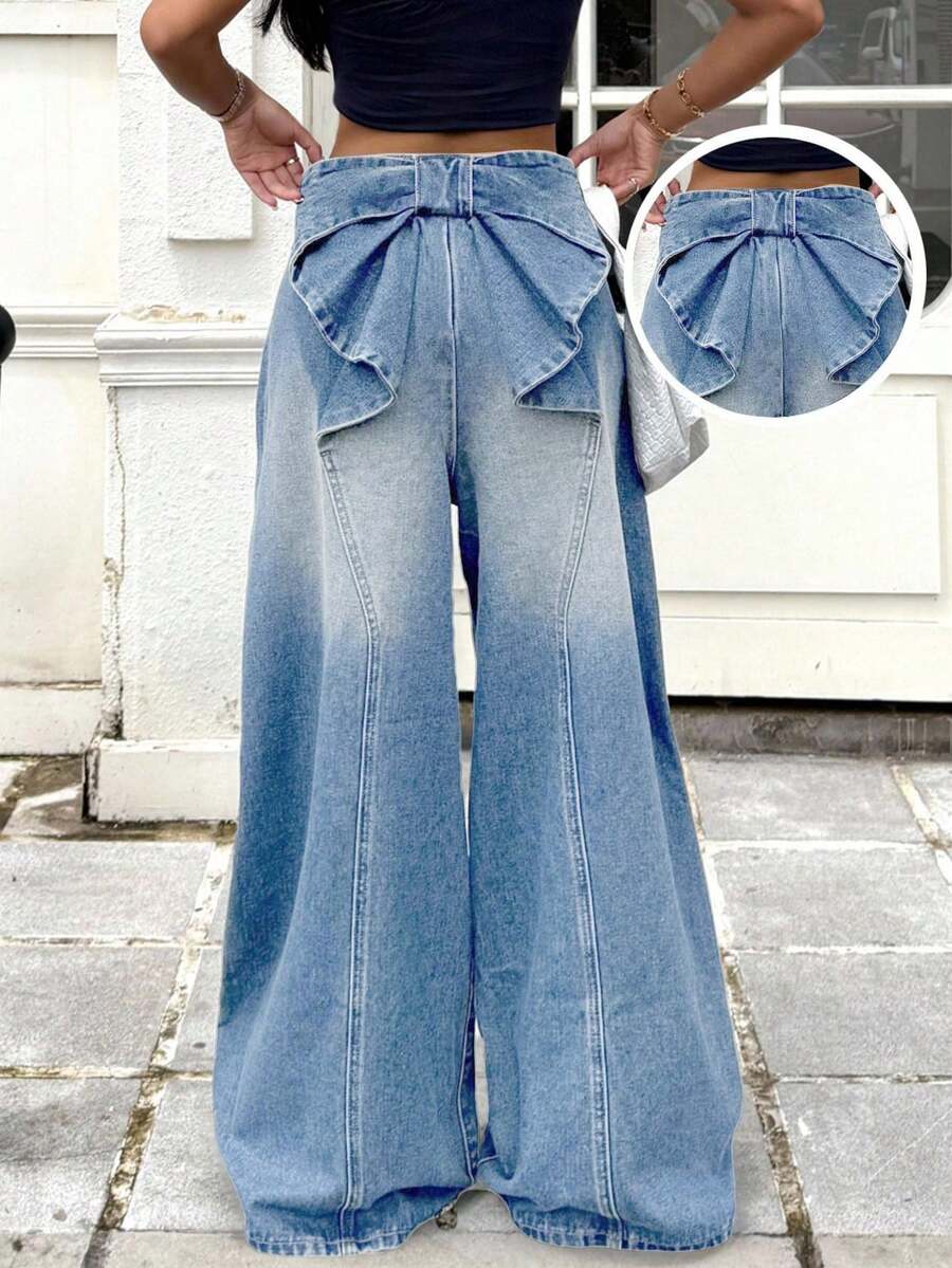 SHEIN Girls' Loose Fit Blue Denim Pants With Bow Design At Back Waist - Medium Wash - View 1