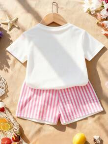 SHEIN 2件套，适合4-7岁女童，花朵樱花字母印花圆领短袖T恤+樱花短裤，轻薄面料，可爱花朵短袖短裤套装，休闲夏季装扮 - 彩色 - 查看 4