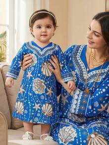 SHEIN 女婴V领贝壳和海星印花休闲派对长袖连衣裙 - 藍色 - 查看 6