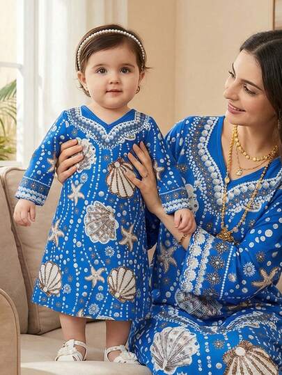 SHEIN Baby Girl V-Neck Shell & Starfish Print Casual Party Long Sleeve Dress