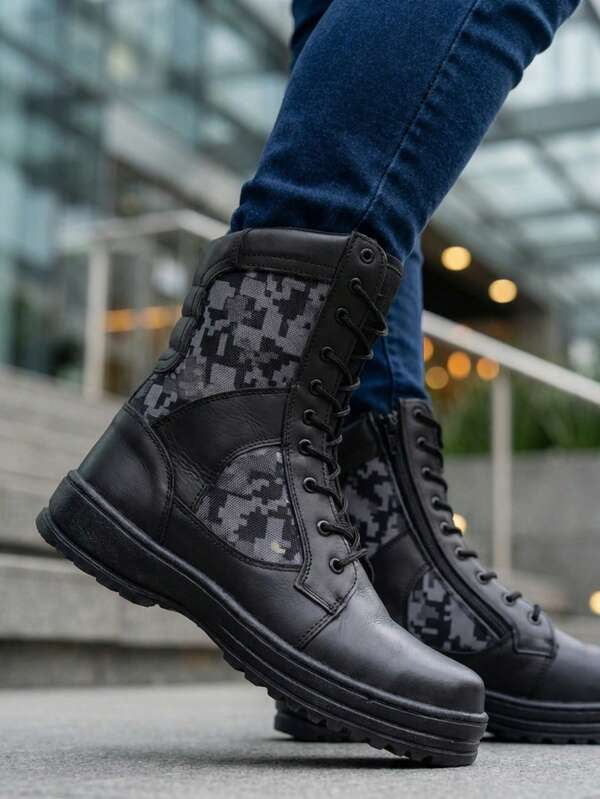 Botas tácticas negras estilo Oxford Derby, resistentes para hombre, con cordones y cremallera lateral, estilo militar.