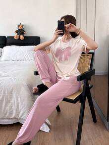 SHEIN Napfluff Women's Casual Textured Bow Embroidery Round Neck Short Sleeve Apricot Top And Pink Drawstring Pants Pajama Set, Made Of Soft Knit Fabric - Multicolor - View 5