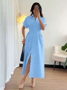 Rafferiza 女士休闲衬衫裙，纽扣前襟，插肩袖，腰部收紧 - 霧霾藍 - 查看 5