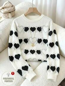 Resyla Women's Casual Heart Pattern Round Neck Drop Shoulder Sweatshirt, Autumn - Multicolor - View 1