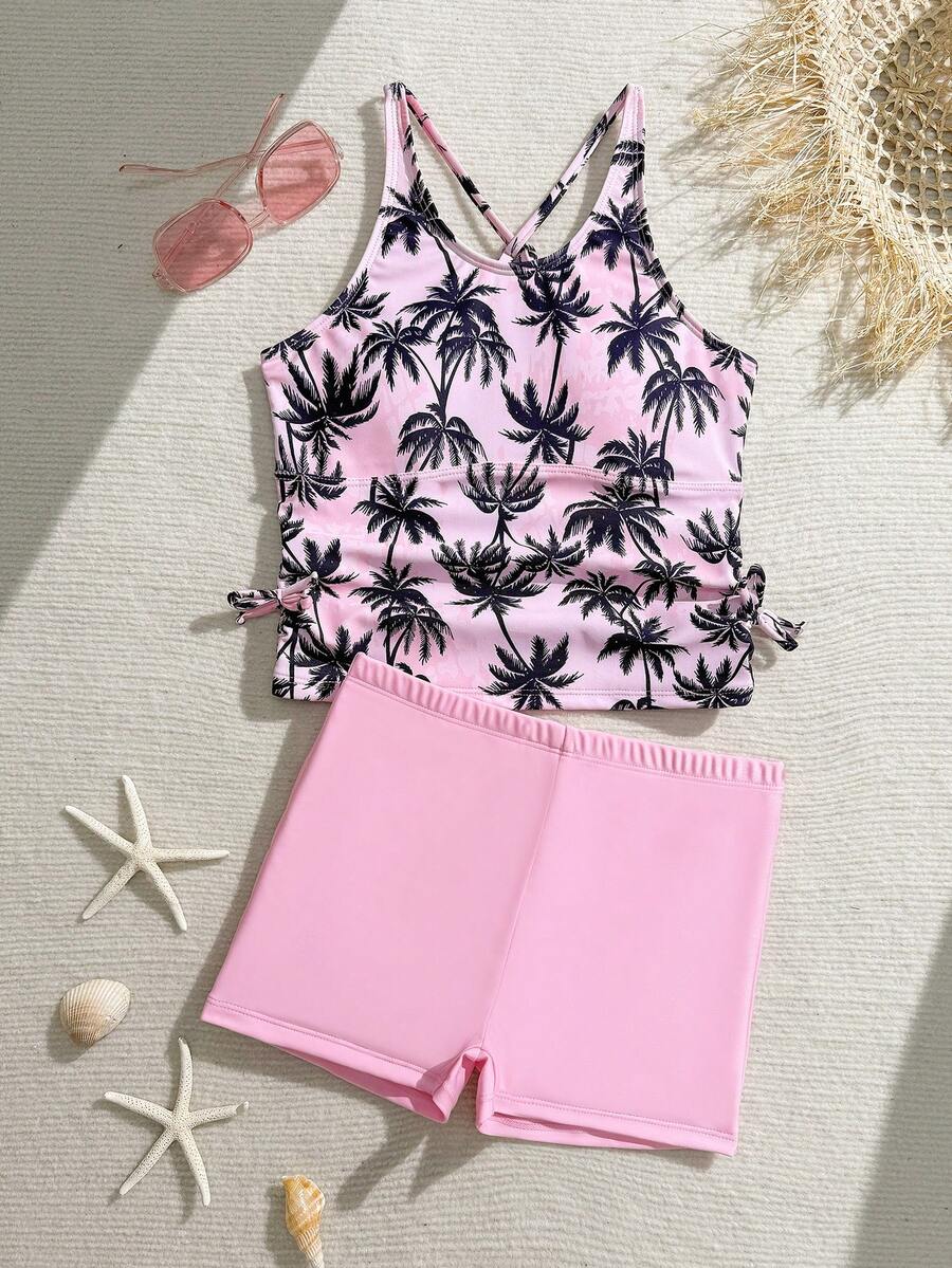 SHEIN 女童两件式吊带泳衣套装，适合8-14岁女孩，夏季假期保暖保暖，圣诞节、节日、新年、情人节等节日穿着。椰树图案泳衣，适合14岁女孩，粉色吊带泳衣，适合青少年女孩，运动服，粉色棕榈树印花吊带泳衣，适合青少年女孩，夏季服装，椰树图案泳衣，热带风情套装。