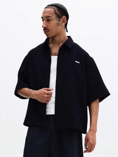 SUMWON Oversized Button Down Collared Shirt With Short Sleeves And Chest Pocket Detail For Casual Everyday Wear