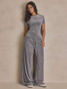 MUSERA Velour Straight Leg Elasticated Waist Tracksuit Bottoms Summer, Sporty, Casual, Day, Streetstyle, Streetwear - Grey - View 5