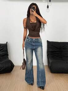 Coolane 女士夏季文艺复兴集市西部牛仔风Y2K辣妹风垂褶领修身露背串珠吊带上衣 - 棕色 - 查看 6