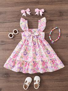 SHEIN 少女碎花荷叶边领休闲连衣裙 - 粉色 - 查看 2