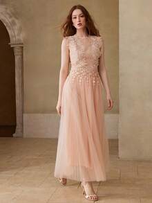 MOTF PREMIUM ĐẦM NỮ XUÂN/HÈ VỚI CHẤT LIỆU LƯỚI PHỐI HỢP REN ĐÍNH KIM, XẾP DÁNG. - Màu Hồng baby - Xem 4