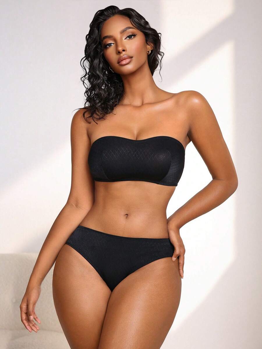 女士纯色简约提花抹胸内裤两件套内衣套装 - 黑色 - 查看 1