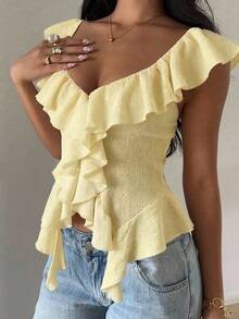 Franclia Blusa amarela elegante e casual sem mangas com babados, ideal para o verão, férias de primavera, praia e volta às aulas. Blusa amarela pastel com babados. - Amarelo - Ver 4