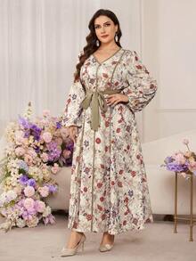 Modelyn 大码女式褶皱纹理撞色印花长袖优雅通勤连衣裙 - 彩色 - 查看 4