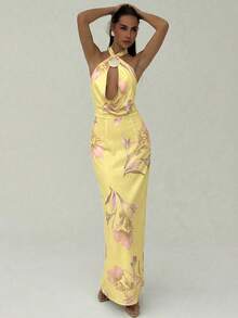 Aloruh 优雅度假吊带贝壳装饰收腰荷叶边下摆黄色印花长裙 女士纯色休闲吊带露背印花宽松夏威夷度假连衣裙 米黄色夏季连衣裙 波西米亚风女装 婚礼宾客礼服 沙滩派对礼服 - 鵝黃色 - 查看 11