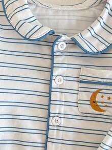 两件套男婴套装，时尚蓝白条纹印花，带可爱口袋、星星月亮刺绣，长袖开衫和休闲裤，家居服套装