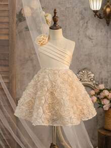 优雅可爱的杏色碎花网纱吊带连衣裙 - 杏色 - 查看 1