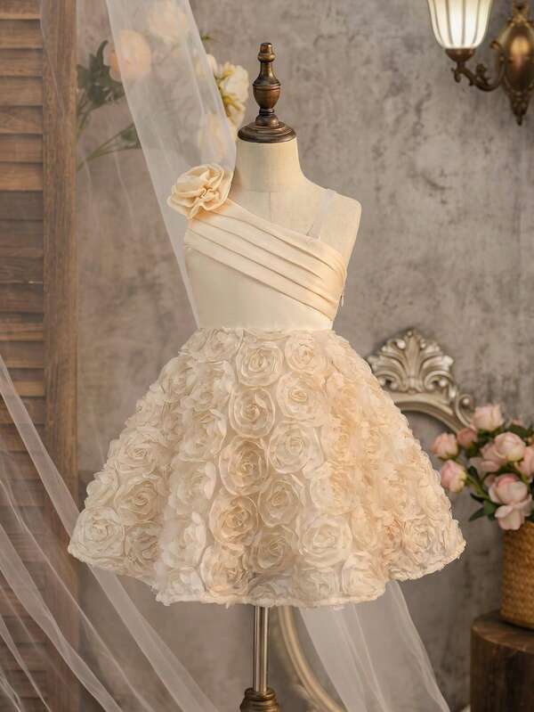 Elegant & Cute Apricot Floral Mesh Spaghetti Strap Dress