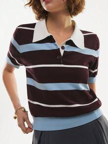 Poéselle 女士复古条纹针织Polo衫，短袖翻领学院风Tenniscore条纹针织Polo衫，学院风，Tenniscore，复古条纹上衣，短袖针织衫，翻领毛衣，Y2K Polo衫，学院风针织休闲撞色条纹图案短袖针织衫，夏季上衣，春季假期休闲装 - 咖啡棕 - 查看 8