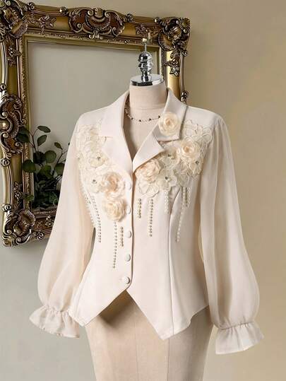 Modelyn Plus Size Women's Elegant High-End Luxury French Palace Style Shirt With Lapel Collar, Long Sleeve, Fitted, Embellished With 3D Floral Studs And Pearl Decor Vintage Clothes Lace Jacket