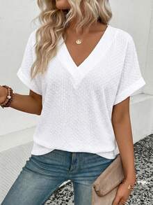 EMERY ROSE Women's Casual Solid Color V-Neck Short Sleeve T-Shirt - White - View 4
