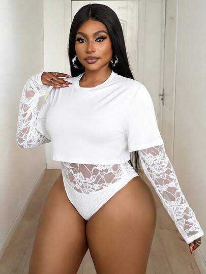 Maweii Plus Size Summer Fashion Solid Color Contrast Lace Long Sleeve Bodysuit